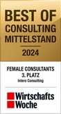 Dies ist das Siegel zum Best of Consulting Mittelstand Award 2024 in der Kategorie "Female Consultants".